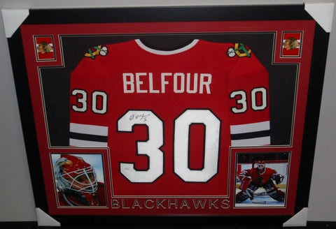 Ed Belfour Signed Chicago Blackhawks 35x43 Custom Framed Red Jersey (JSA COA)