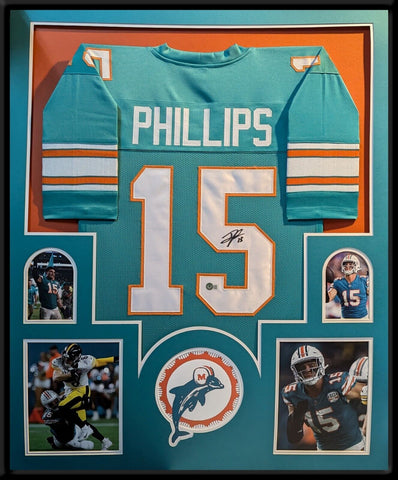 FRAMED MIAMI DOLPHINS JAELAN PHILLIPS AUTOGRAPHED SIGNED JERSEY BECKETT HOLO