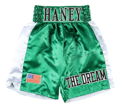 Devin Haney Signed Custom Green Boxing Trunks BAS ITP