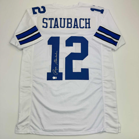 Autographed/Signed Roger Staubach Dallas White Football Jersey Beckett BAS COA