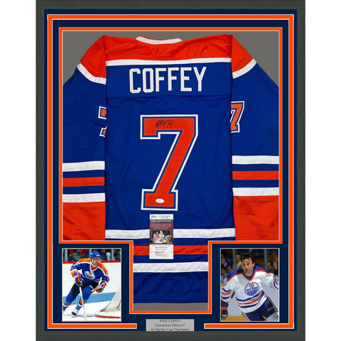 Framed Autographed/Signed Paul Coffey 35x39 Edmonton Blue Hockey Jersey JSA COA