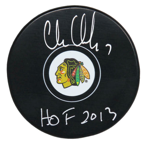 CHRIS CHELIOS Signed Blackhawks Logo Hockey Puck w/HOF 2013 - SCHWARTZ