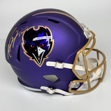 RAY LEWIS SIGNED AUTOGRAPHED BALTIMORE RAVENS FS PURPLE REPLICA HELMET BAS