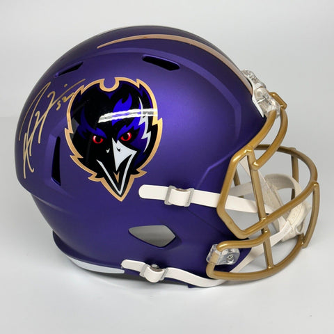 RAY LEWIS SIGNED AUTOGRAPHED BALTIMORE RAVENS FS PURPLE REPLICA HELMET BAS