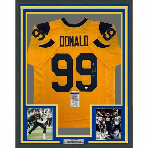 FRAMED Autographed/Signed AARON DONALD 33x42 Los Angeles Yellow Jersey JSA COA