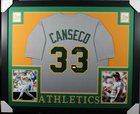 JOSE CANSECO (Athletics A's grey SKYLINE) Signed Autographed Framed Jersey JSA