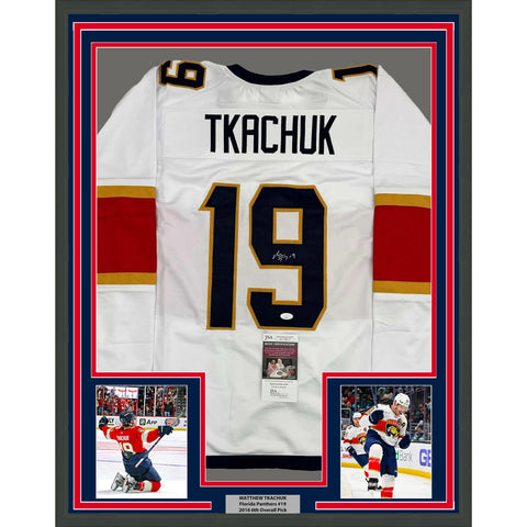 Framed Autographed/Signed Matthew Tkachuk 35x39 Florida White Jersey JSA COA