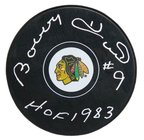 BOBBY HULL Signed Chicago Blackhawks Logo Hockey Puck w/HOF 1983 - SCHWARTZ