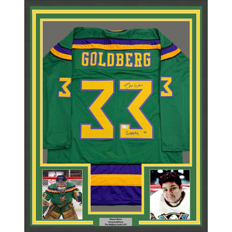 Framed Autographed/Signed Shaun Weiss Goldberg 35x39 Mighty Ducks Jersey BAS COA