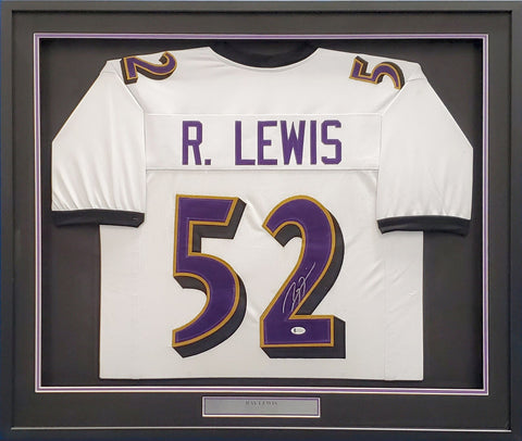 BALTIMORE RAVENS RAY LEWIS AUTOGRAPHED WHITE CUSTOM FRAMED JERSEY BECKETT 185767