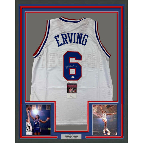 Framed Autographed/Signed Julius Erving Dr. J 35x39 Philly White Jersey JSA COA