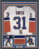 Framed Autographed/Signed Billy Smith 35x39 New York White Hockey Jersey JSA COA