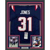 Framed Autographed/Signed Jonathan Jones 35x39 New England Blue Jersey JSA COA