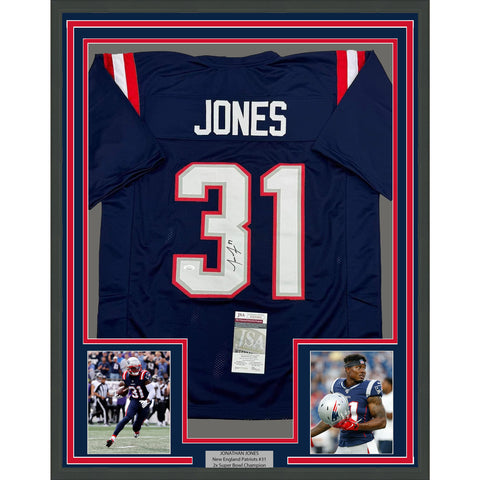 Framed Autographed/Signed Jonathan Jones 35x39 New England Blue Jersey JSA COA