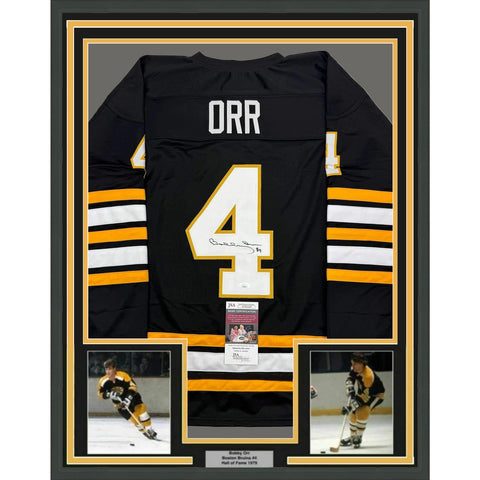 Framed Autographed/Signed Bobby Orr 35x39 Boston Black Hockey Jersey JSA COA