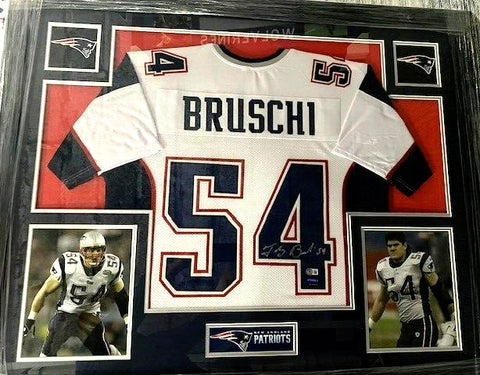 Tedy Bruschi Signed Patriots 35"x43" Framed Jersey (Beckett) 3xSuper Bowl Champ