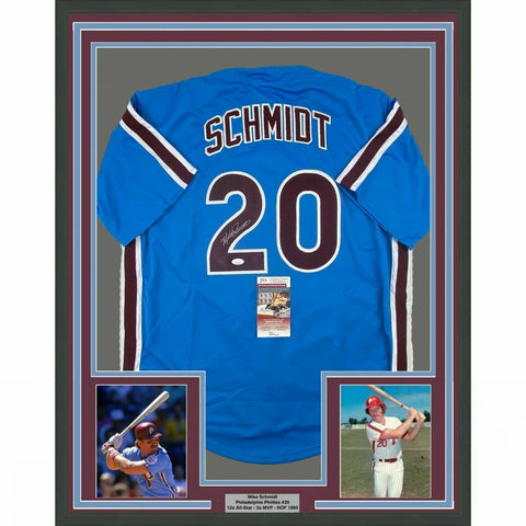 FRAMED Autographed/Signed MIKE SCHMIDT 33x42 Philadelphia Blue Jersey JSA COA