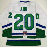 Autographed/Signed Sebastian Aho Hartford White Retro Hockey Jersey JSA COA