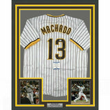 FRAMED Autographed/Signed MANNY MACHADO 33x42 San Diego Pinstripe Jersey BAS COA