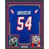 Framed Autographed/Signed Tedy Bruschi 35x39 NE Retro Blue Jersey Beckett COA