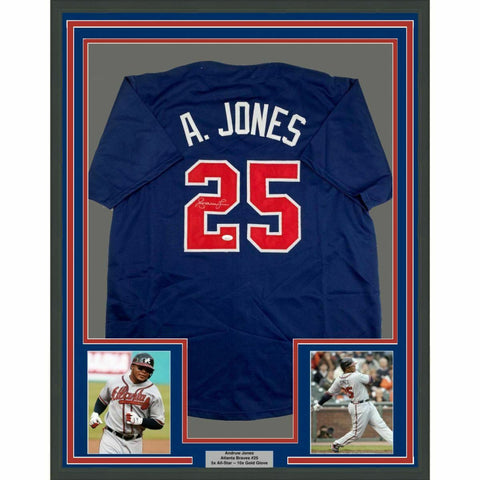 FRAMED Autographed/Signed ANDRUW JONES 33x42 Atlanta Blue Jersey JSA COA Auto