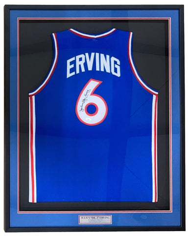 Julius Dr J Erving Philadelphia Signed Framed Blue Basketball Jersey JSA