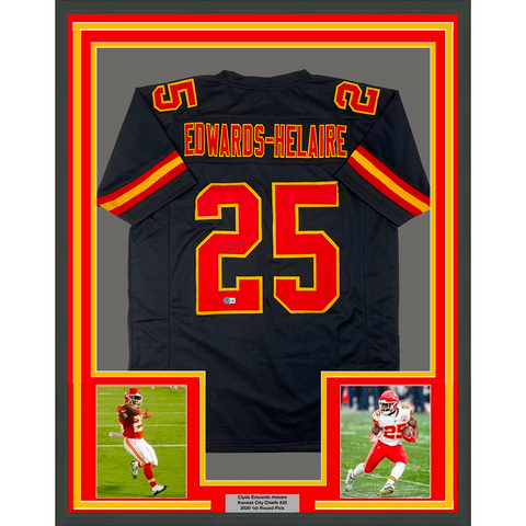 Framed Autographed/Signed Clyde Edwards-Helaire 33x42 KC Black Jersey BAS COA