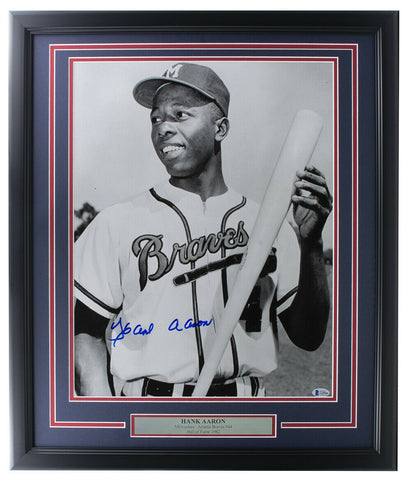 Hank Aaron Signed Framed 16x20 Atlanta Braves Photo BAS Auto 10