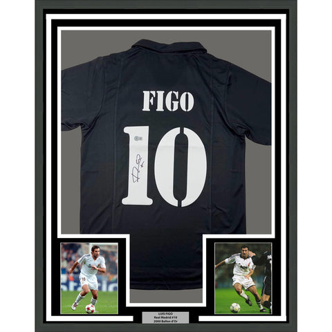 Framed Autographed/Signed Luis Figo 35x39 Real Madrid Black Jersey Beckett COA