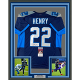 Framed Autographed/Signed Derrick Henry 33x42 Tennessee Blue Jersey JSA COA #2