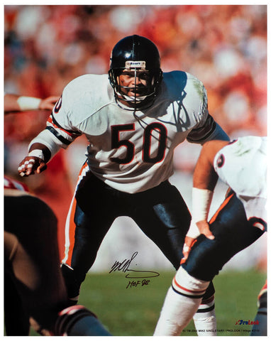 Mike Singletary Signed Bears White Jersey Action 16x20 Photo w/HOF'98 -(SS COA)