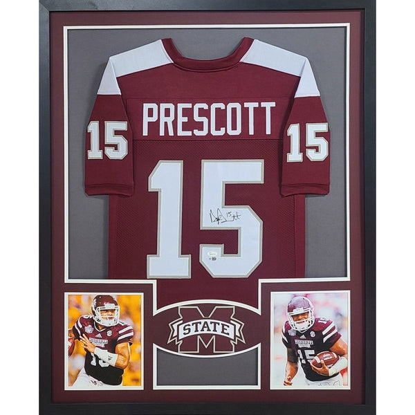 Dak Prescott Autographed Signed Framed Mississippi State Cowboys Jersey JSA