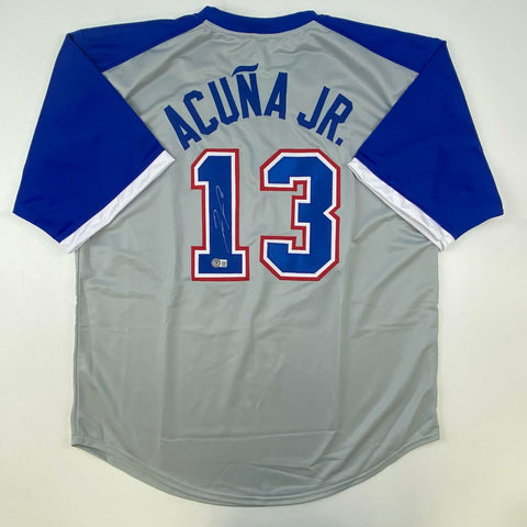 Autographed/Signed Ronald Acuna Jr. Atlanta Grey Retro Jersey Beckett COA