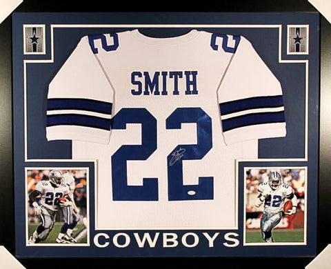 Emmitt Smith Signed Dallas Cowboys 35x43 Custom Framed White Jersey (JSA COA)