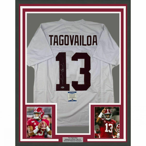 FRAMED Autographed/Signed TUA TAGOVAILOA 33x42 Alabama White Jersey Beckett COA