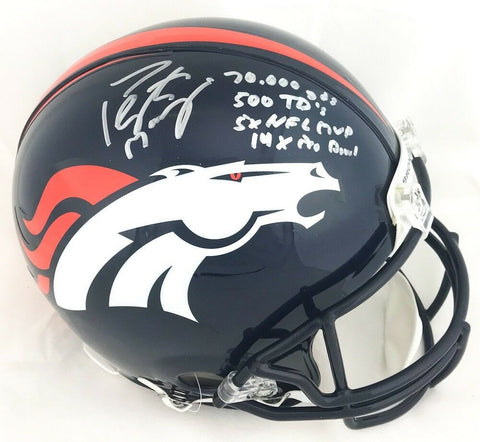 Peyton Manning Signed Denver Broncos Riddell Authentic Helmet with 4 Career Stat