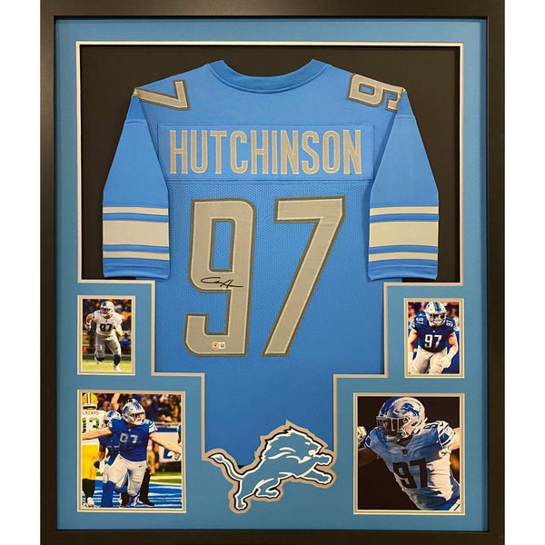 Aidan Hutchinson Autographed Signed Framed Lions Blue Jersey BECKETT