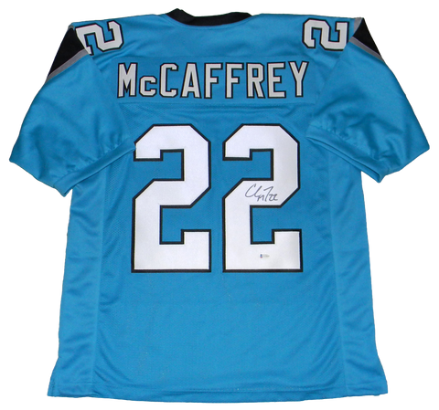 CHRISTIAN McCAFFREY SIGNED AUTOGRAPHED CAROLINA PANTHERS #22 BLUE JERSEY BECKETT