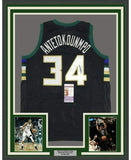 FRAMED Autographed/Signed GIANNIS ANTETOKOUNMPO 33x42 Black Jersey JSA COA