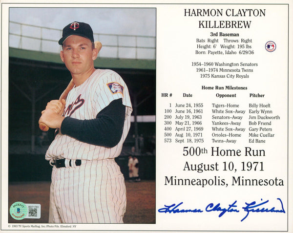 Twins Harmon Clayton Killebrew Authentic Signed 8x10 Photo BAS #BD71781