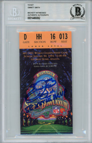 Emmitt Smith Autographed Super Bowl XXVIII Ticket Stub MVP Beckett Slab 38693