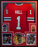 FRAMED CHICAGO BLACKHAWKS GLENN HALL AUTOGRAPHED INSCRIBED JERSEY JSA COA