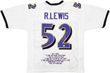 RAVENS RAY LEWIS AUTOGRAPHED SIGNED WHITE FOOTBALL JERSEY WITH STATS JSA 228091