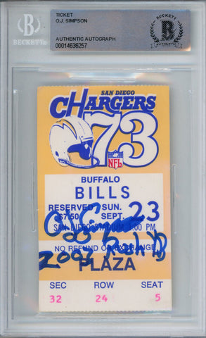 O.J. Simpson Autographed 9/23/1973 Ticket Stub 2003 Rush Yds Beckett Slab 36673