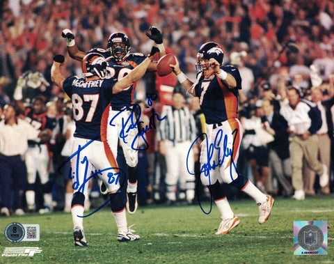 John Elway Ed McCaffrey Rod Smith Signed Denver Broncos 8x10 Photo BAS 44768