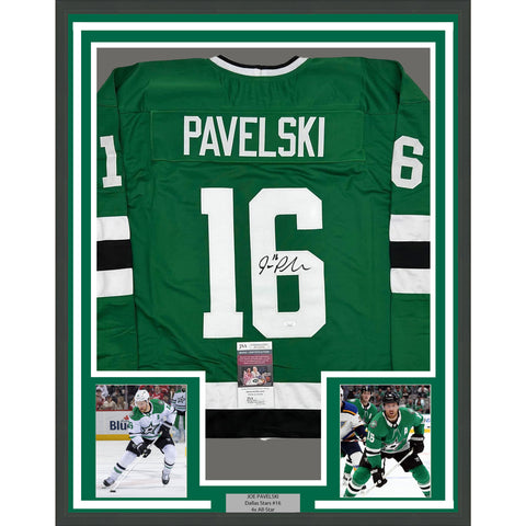 Framed Autographed/Signed Joe Pavelski 35x39 Dallas Green Retro Jersey JSA COA