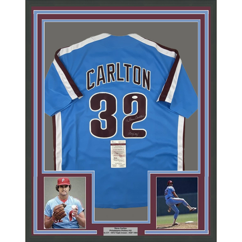 FRAMED Autographed/Signed STEVE CARLTON 33x42 Lefty Retro Blue Jersey JSA COA