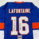 Autographed/Signed Pat Lafontaine HOF 03 New York Blue Hockey Jersey JSA COA