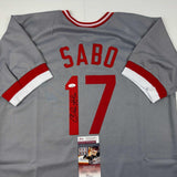 Autographed/Signed Chris Sabo Cincinnati Grey Baseball Jersey JSA COA