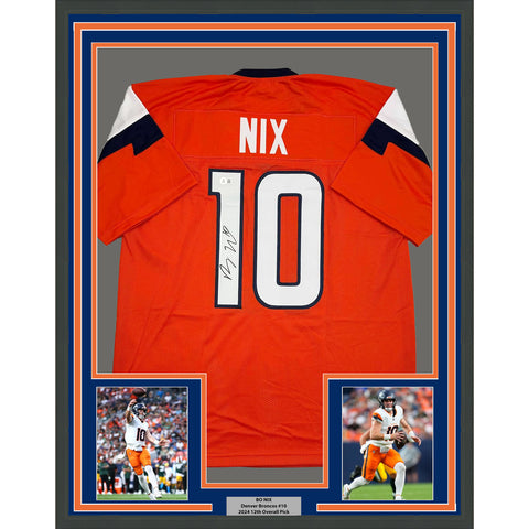 Framed Autographed/Signed Bo Nix 35x39 Denver Orange Football Jersey BAS COA